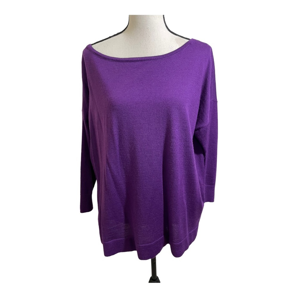 White House black market womens wool sweater. Large purple round neckline